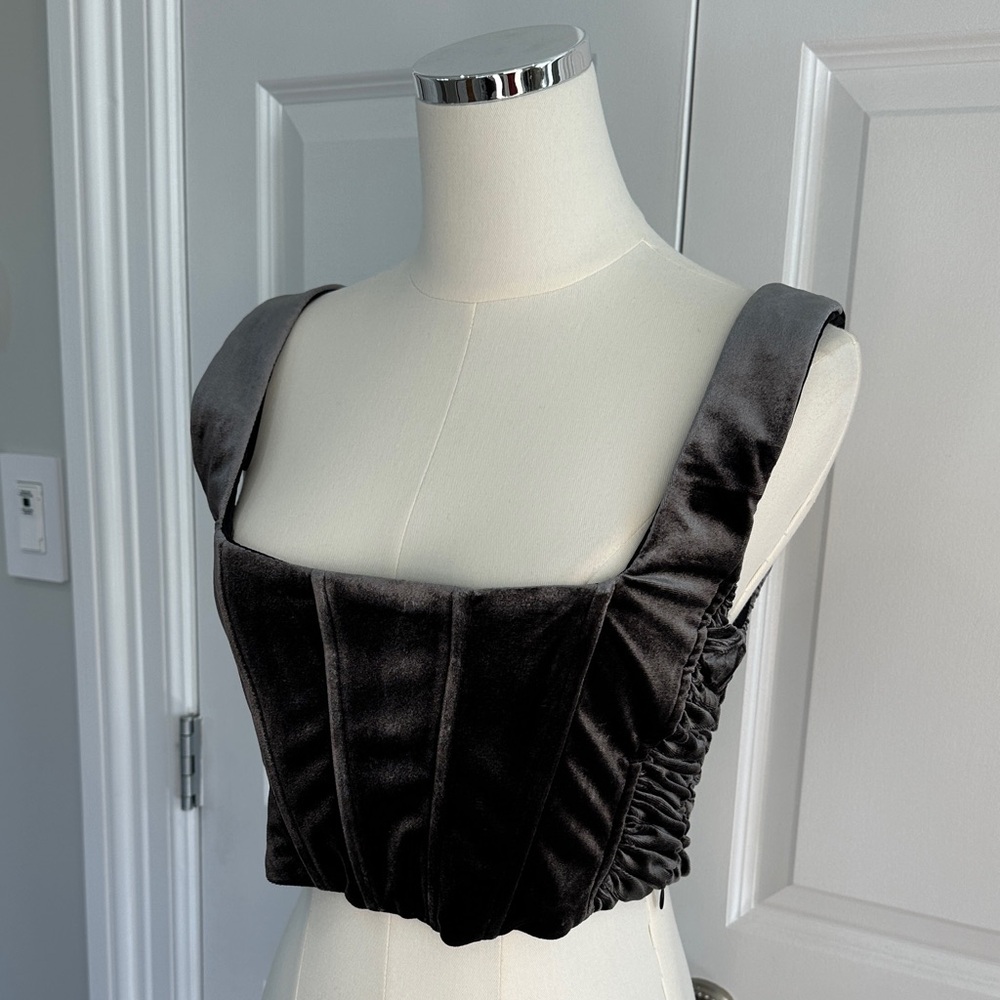 Zara Charcoal Grey Velvet Corset Bustier Y2K Baddie Cottagecore Crop Top Size M